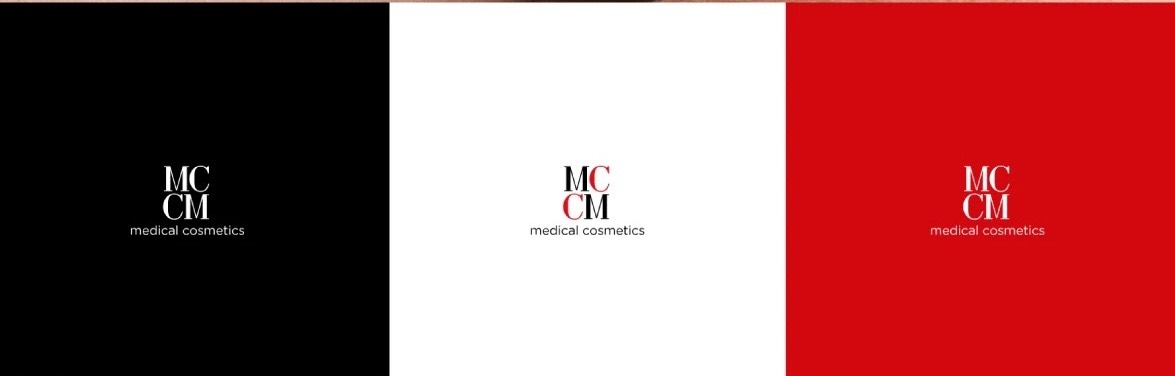 MCCM medical cosmetics logo on black, white and red — the three-ground identity system