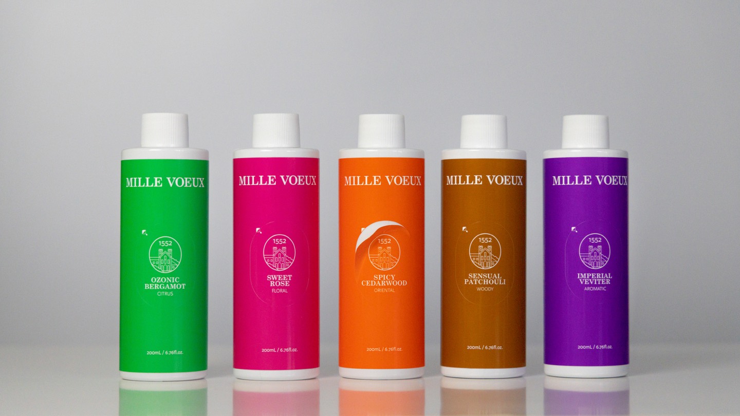 The five fragrances as 200 ml refills, each with its own colour